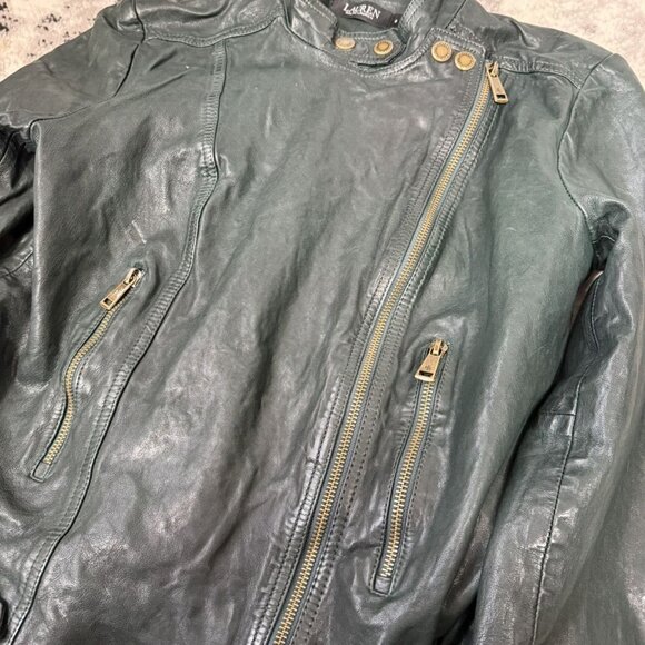 Rare Lauren Ralph Lauren Dark Green Leather Biker Jacket - Picture 6 of 9